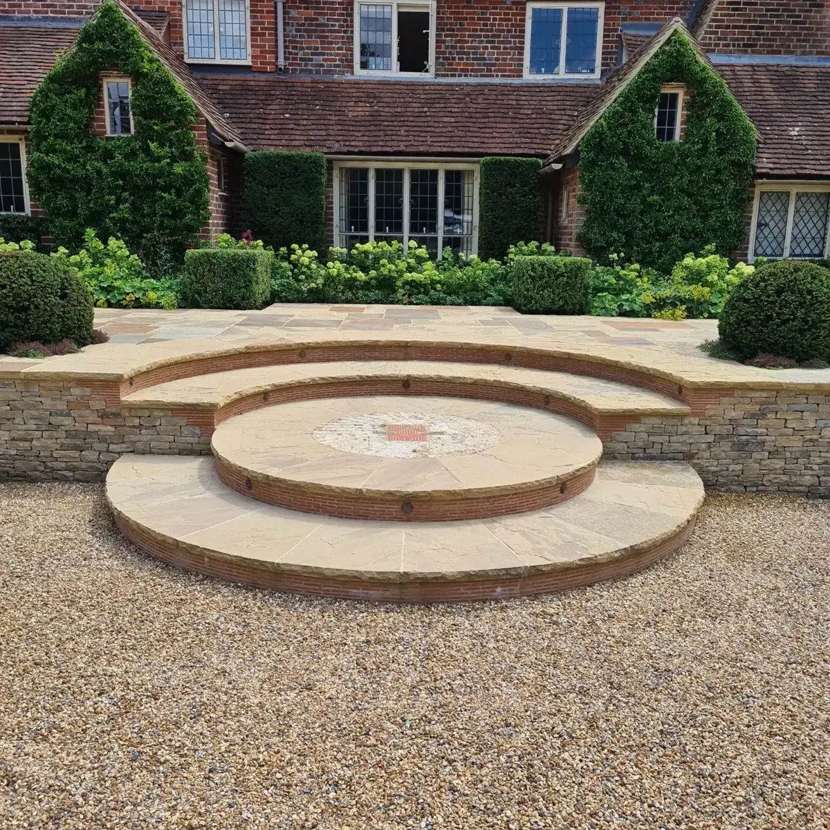Radial Yorkstone steps and tile detailing at The Farm